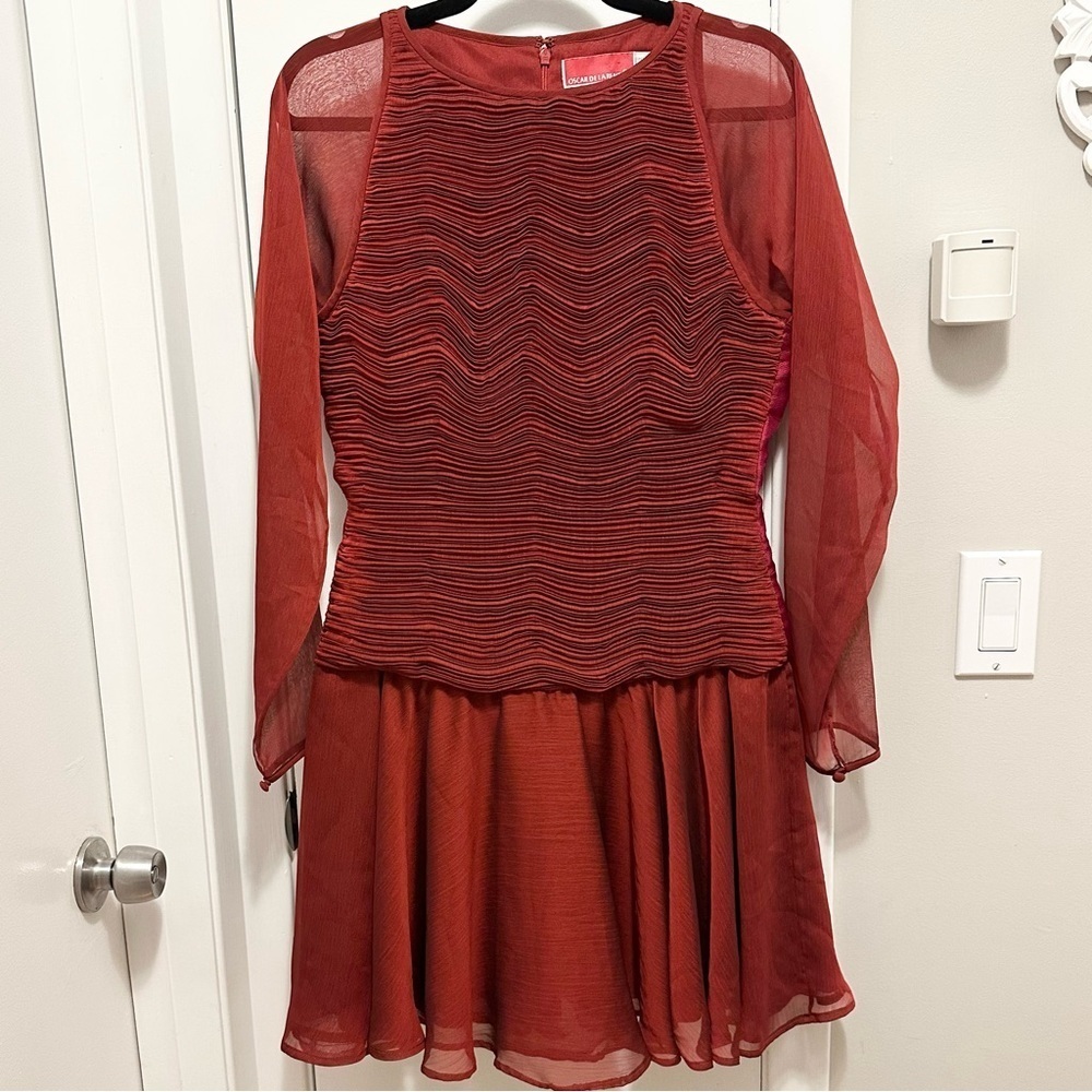 Vintage Oscar De Larenta Studio Dark Red Ruched Mini Dress 8 Sheer Slv Chiffon